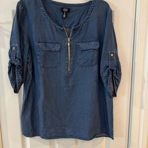 Ladies Size Large Jones New York Blue Blouse with Zipper Denim Cool Roll sleeves